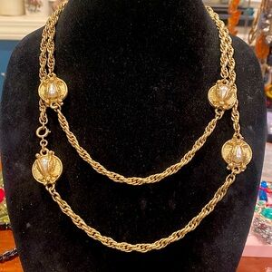 Gold Tone Pearl Bug Necklace. Very Long. Bug is on Both Sides